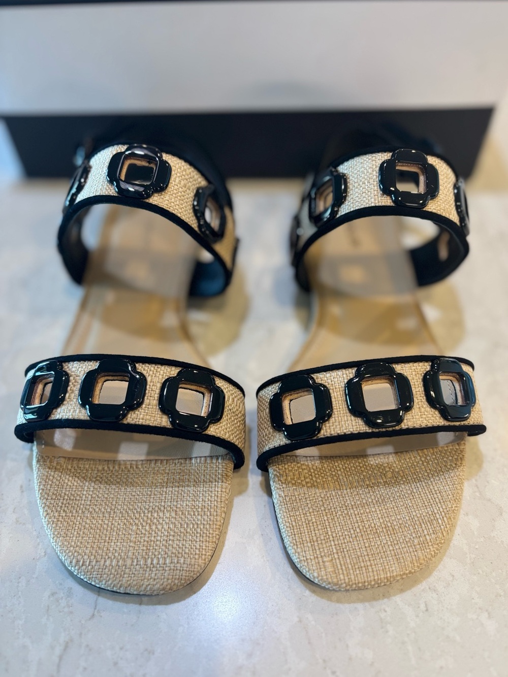 Larroude Milan Flat Sandal In Beige Raffia and Black Trimming - Picture 9 of 11